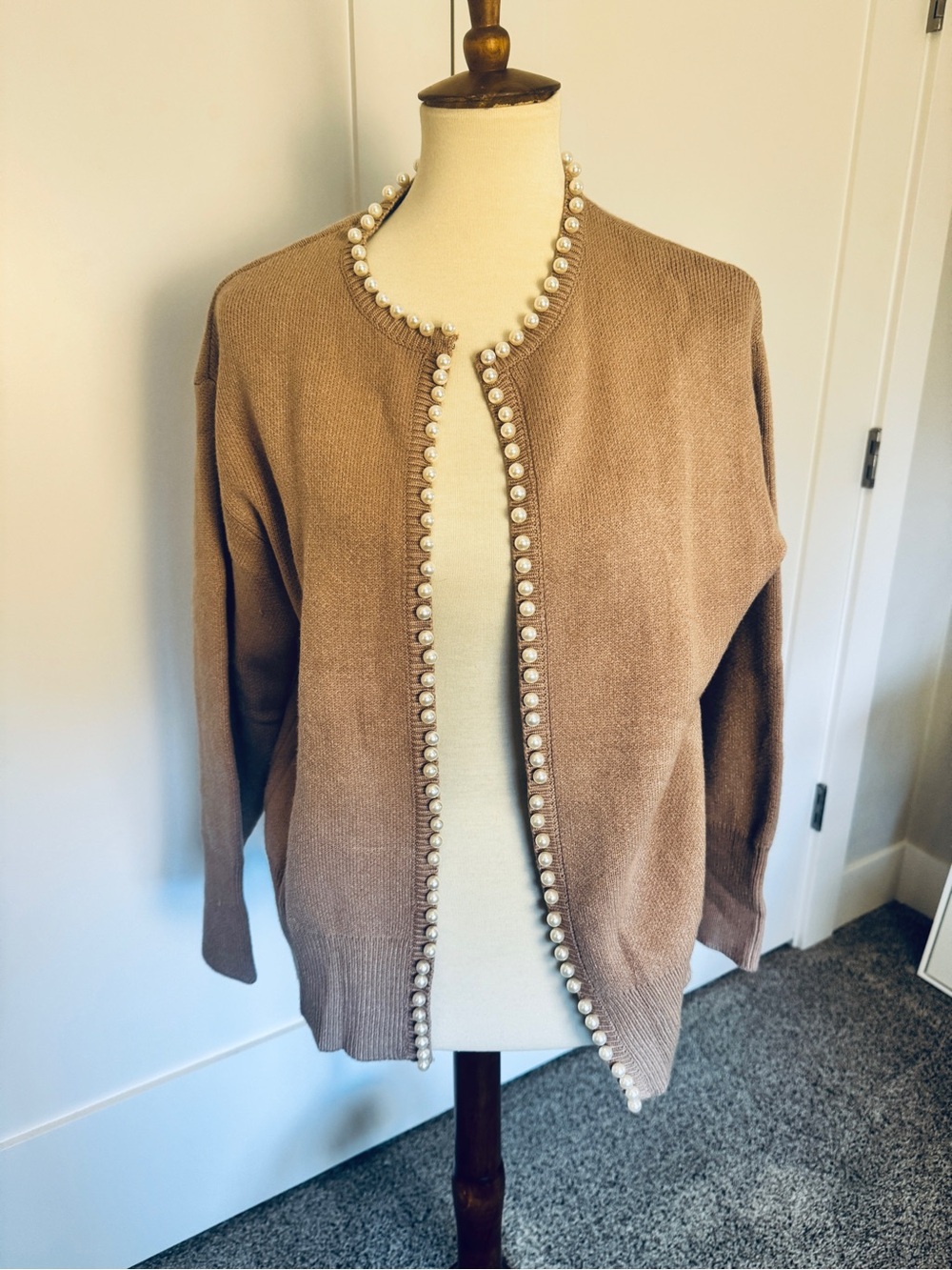 NWT ZESICA Pearl Trim Cardigan Sweater Taupe Open Front Size M
